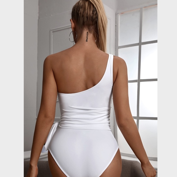 One Shoulder White Side Tie Ruched One Piece - Picture 2 of 6